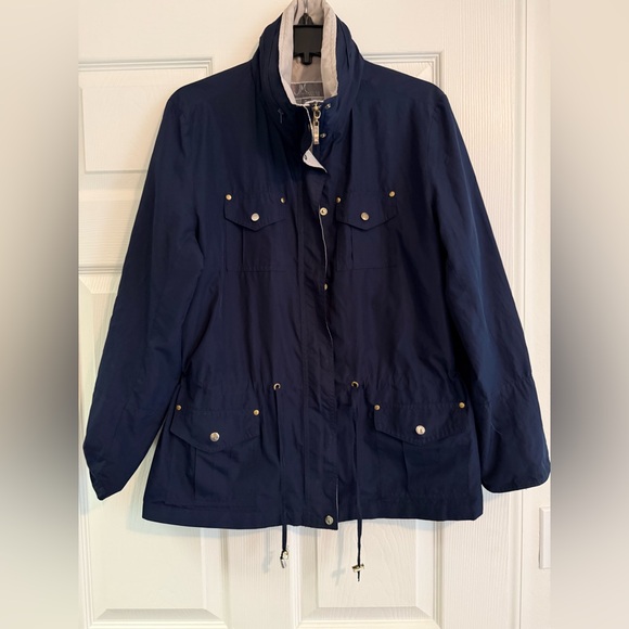 JM Collection Womens Rain Jacket Size PL NAVY GOLD HARWARE Snap Full Zip - Picture 1 of 5
